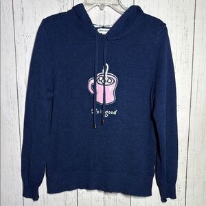 Life Is Good Navy Hoodie with Pink Coffee Cup Graphic